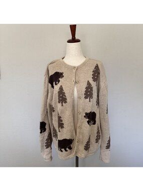 Vintage Christopher & Banks Bear Tree Cardigan Sweater Knit Cabin Gorpcore Fits